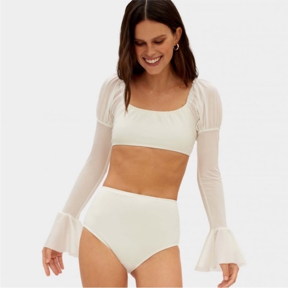 Set Nwt Sleeper Off White Long Puff Sleeve Crop Swim Top S- Bottoms Xs